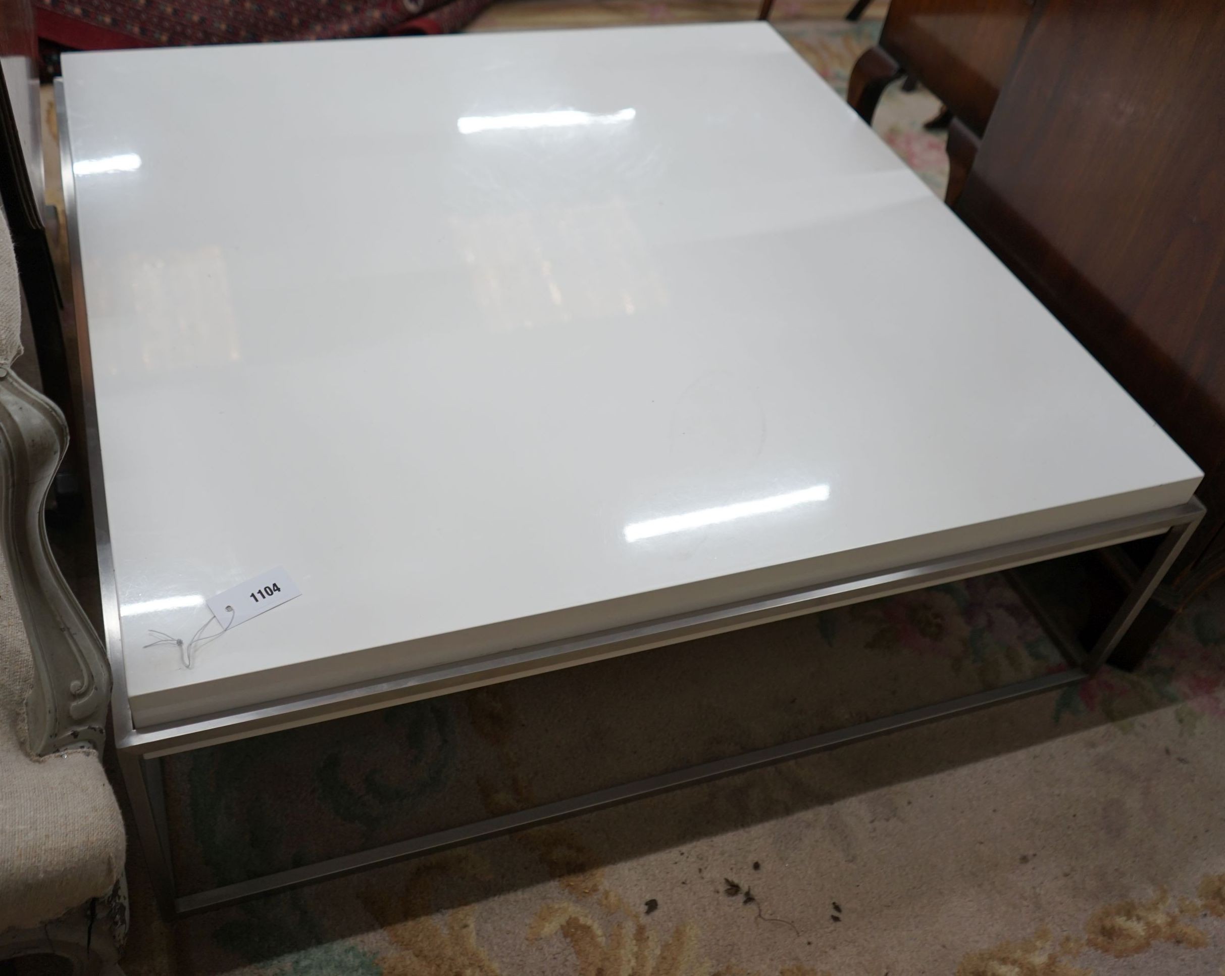 A BB Italia square white and brushed metal coffee table, width 110cm, height 35cm